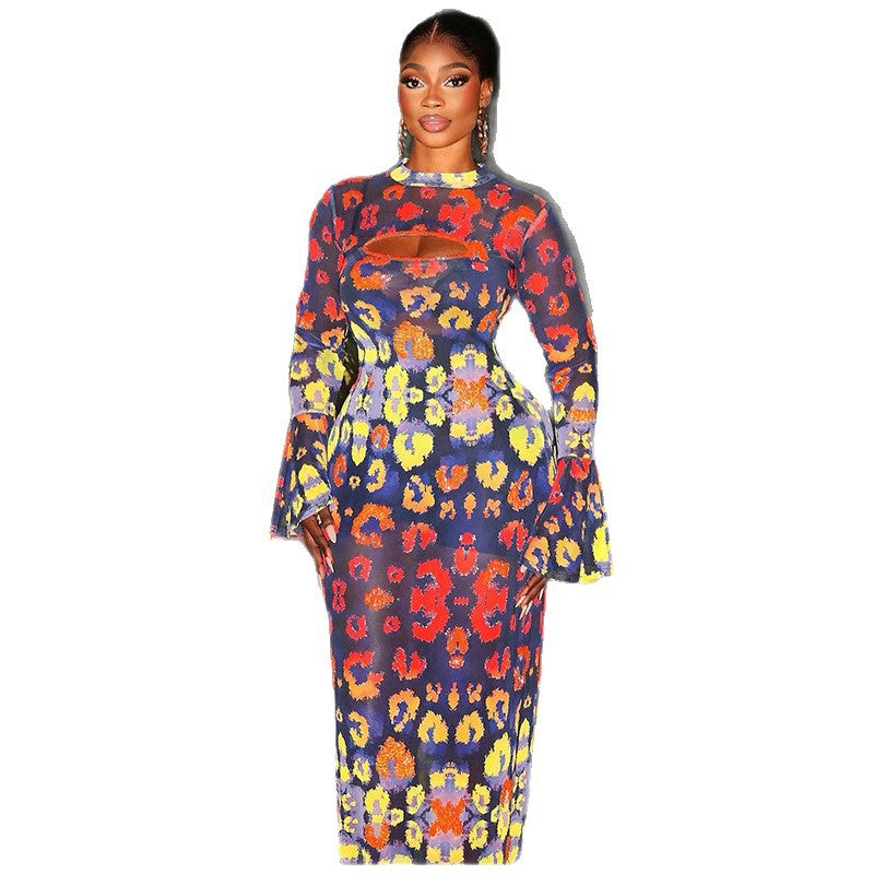 European and american style cross-border retro fashion women's bodycon print mini dress with cutout round neck and flared sleeves