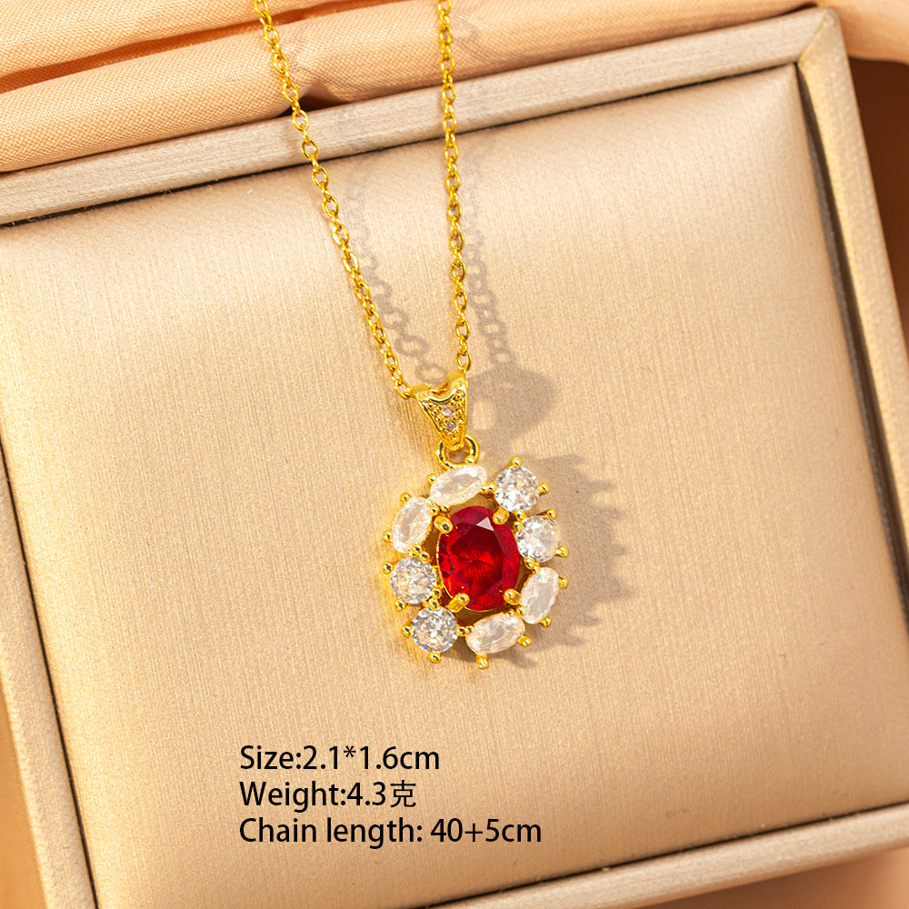 【titanium steel】copper inlaid zircon light luxury new style ruby necklace women's high-end fashion versatile elegant sweater chain jewelry