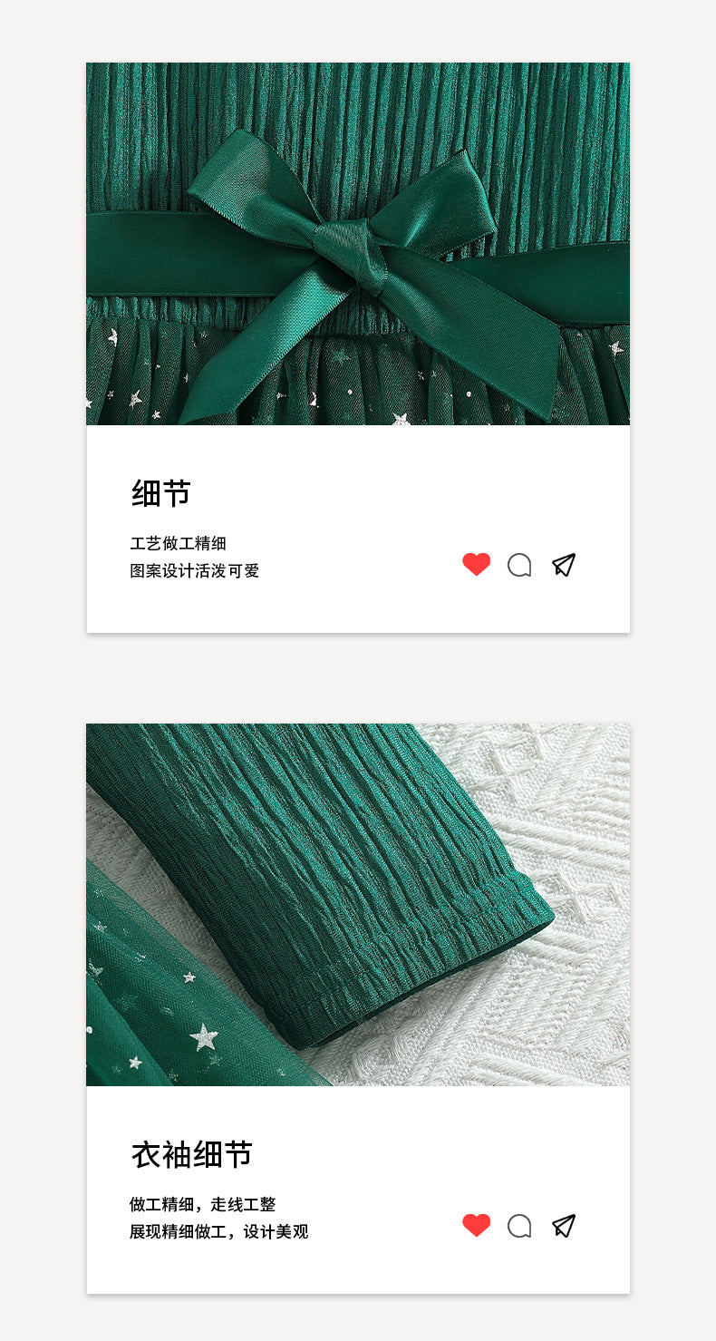 Girls' long-sleeve dress for export, green star pattern, mesh paneling, bow belt, a-line princess dress