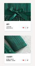 Girls' long-sleeve dress for export, green star pattern, mesh paneling, bow belt, a-line princess dress