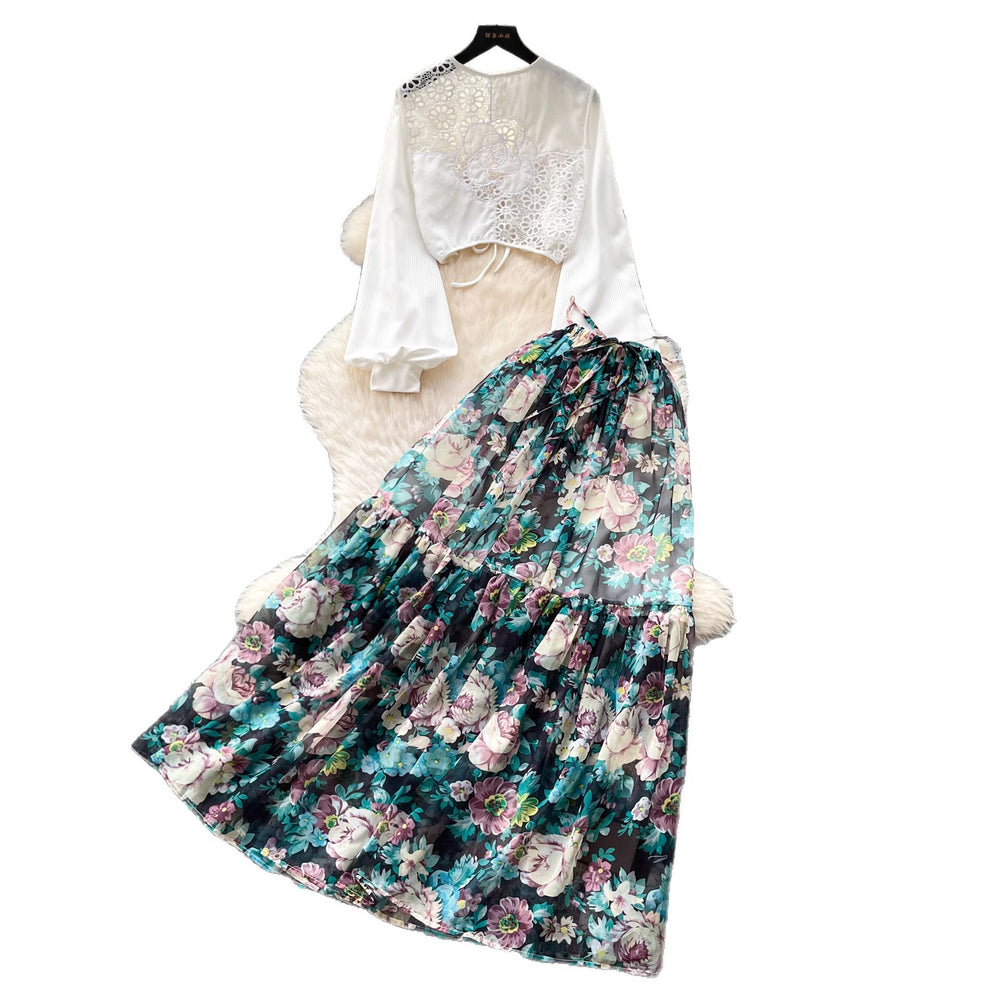 Vacation style whitecut outtopsprinting skirttwo-piece setfemale springautum royal sister outfitelegantsuit skirt