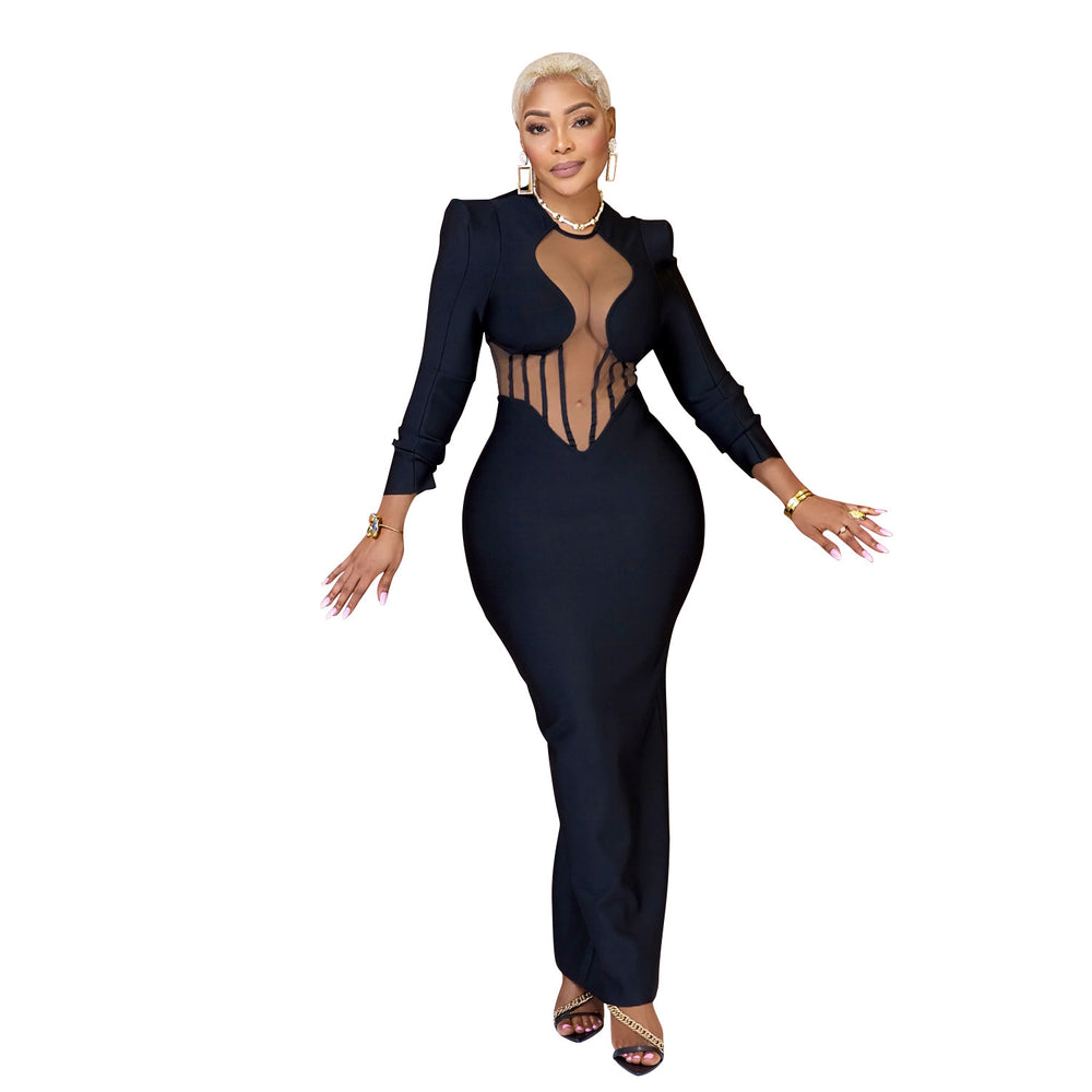 C6756 cross-border   fashion women's solid color mesh see-through long sleeve maxi dress