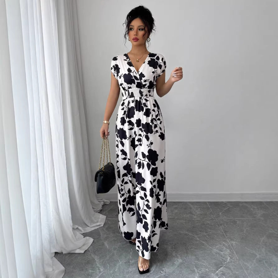 european and american new arrival cross-border french v-neck printed dress