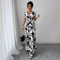 european and american new arrival cross-border french v-neck printed dress