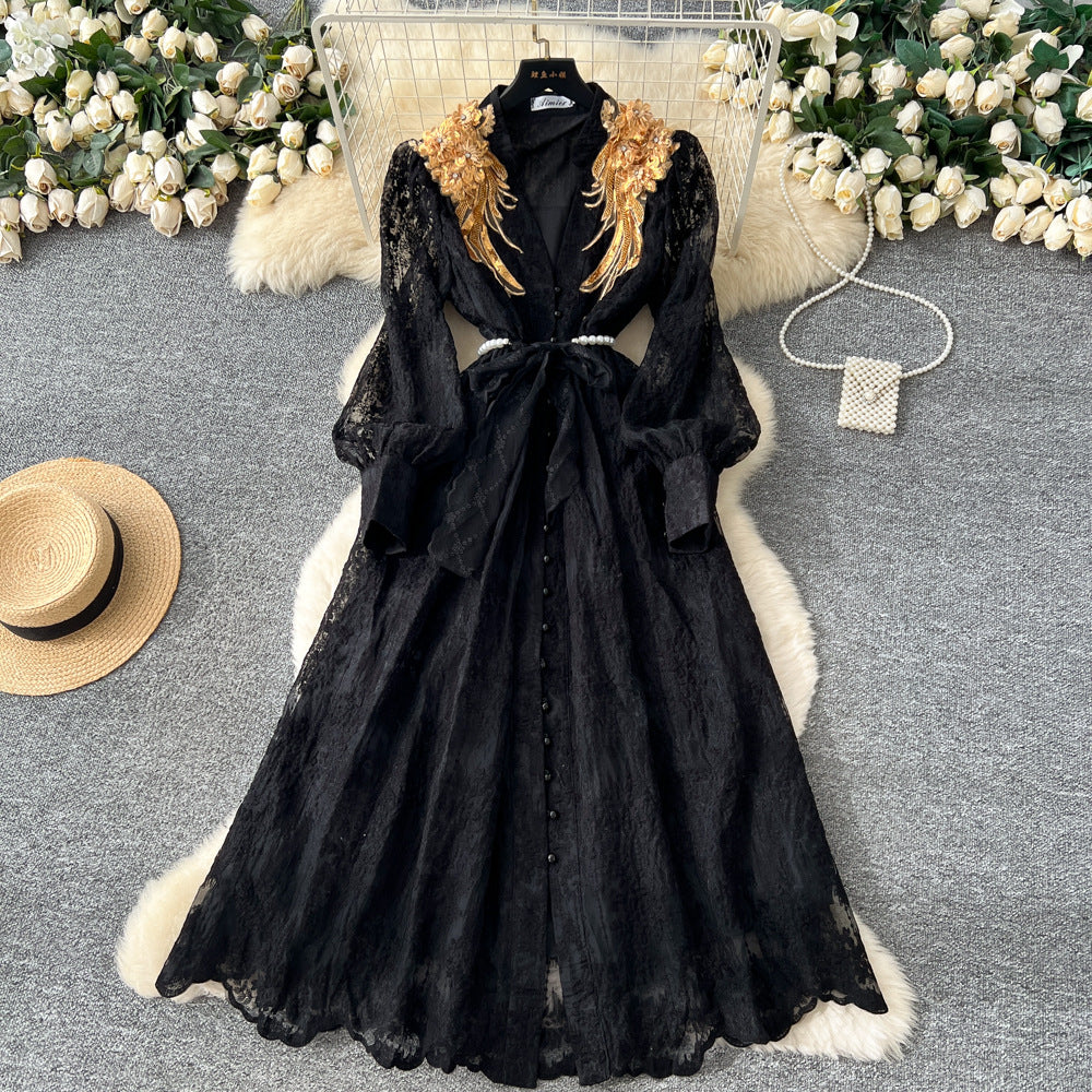 Elegant and sophisticated embroidered beaded sequin floral v-neck lantern sleeve single-breasted waist-cinching slimming embroidered dress for women