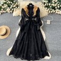 Elegant and sophisticated embroidered beaded sequin floral v-neck lantern sleeve single-breasted waist-cinching slimming embroidered dress for women