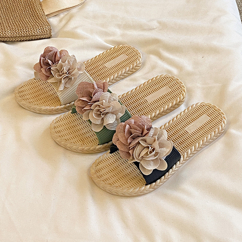 New summer fairy style color block floral slides - women's beach sandals, fashionable outdoor wear, flat, non-slip