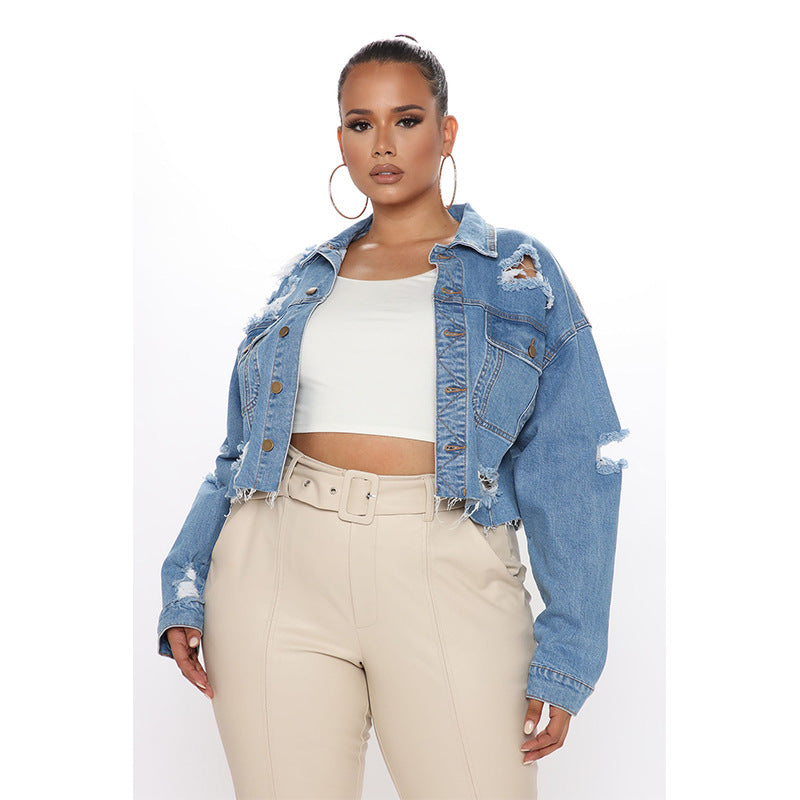 Bao style denim outwear women's new arrivalfashionfashion  ripped tops washed cut denim outwear