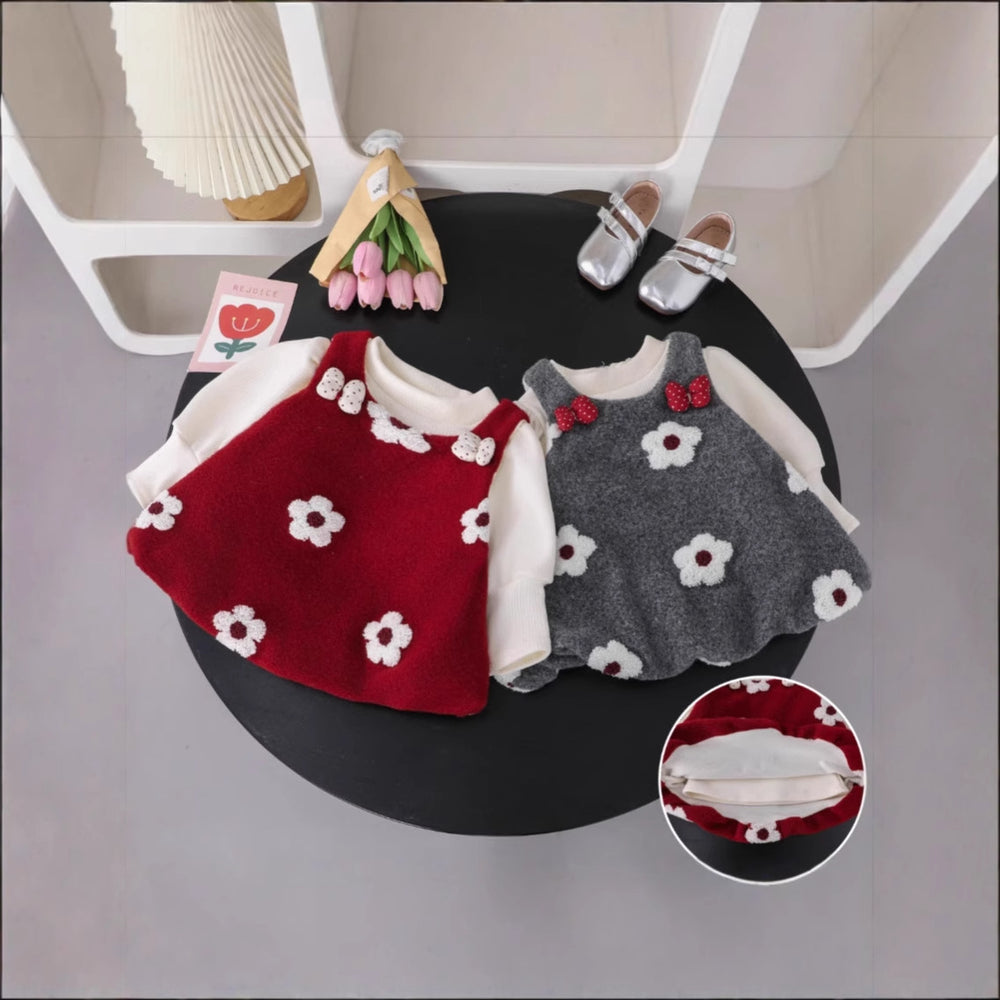 Girls' fleece-lined winter dress with floral appliqué set - new autumn/winter collection - stylish two-piece princess outfit with vest