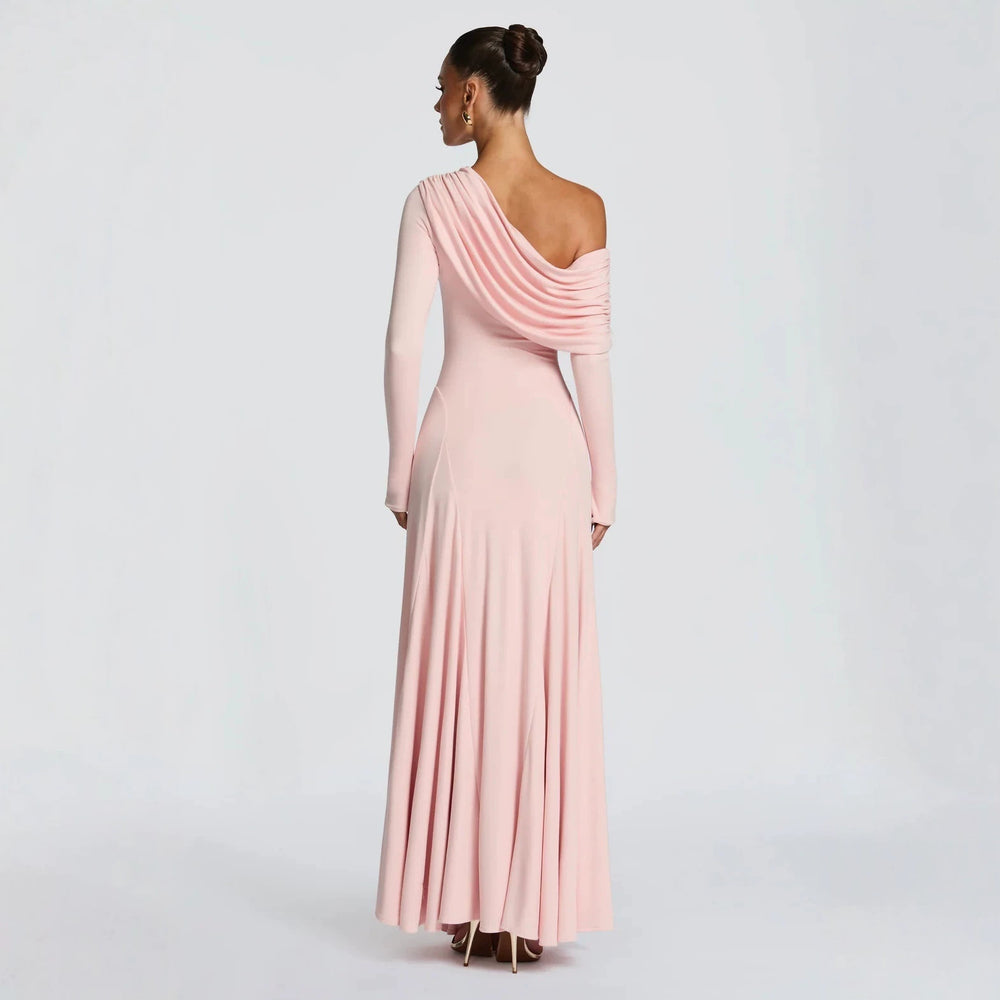 cross-border european and american style one-shoulder long sleeve ruffle neck pleated formal dress solid color slimming waist dress wholesale