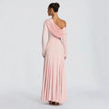 cross-border european and american style one-shoulder long sleeve ruffle neck pleated formal dress solid color slimming waist dress wholesale