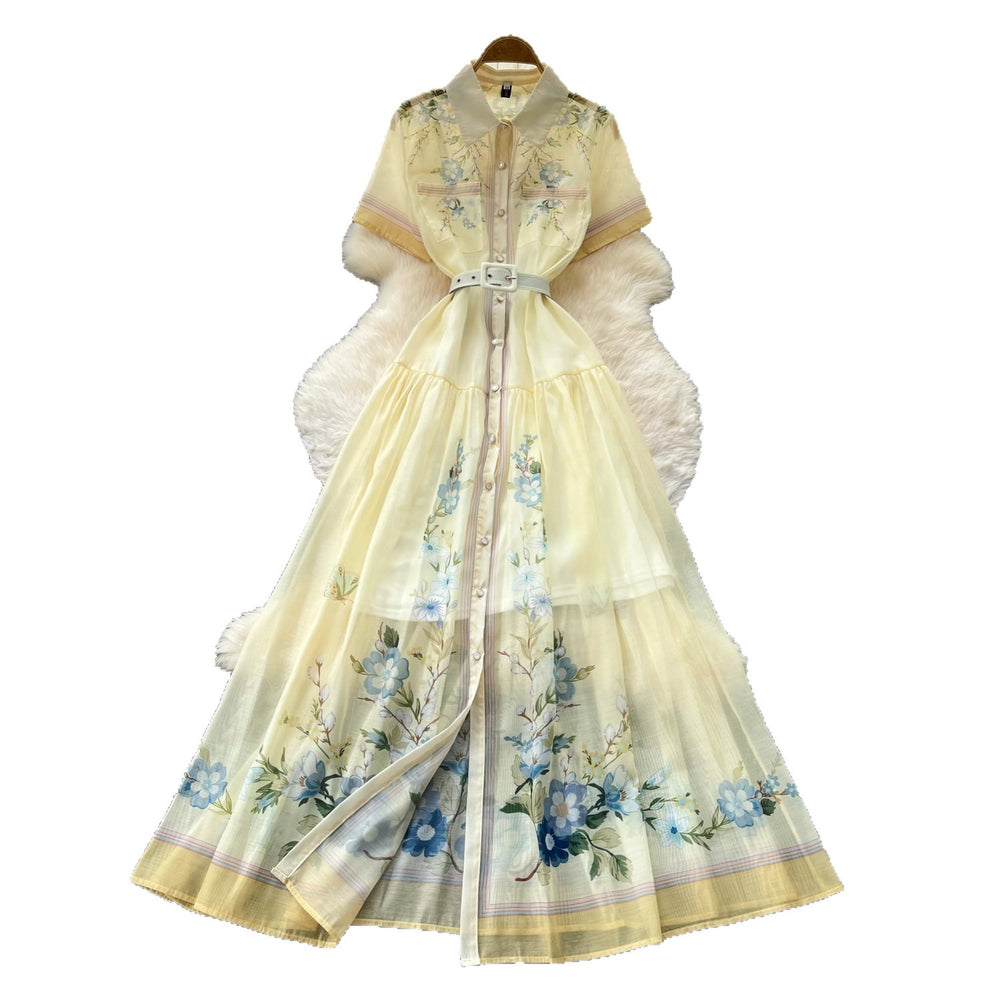 French heavy industry lapel printingdress women's summer long sleeves waist a-line skirt elegant gentle style vacation long skirt