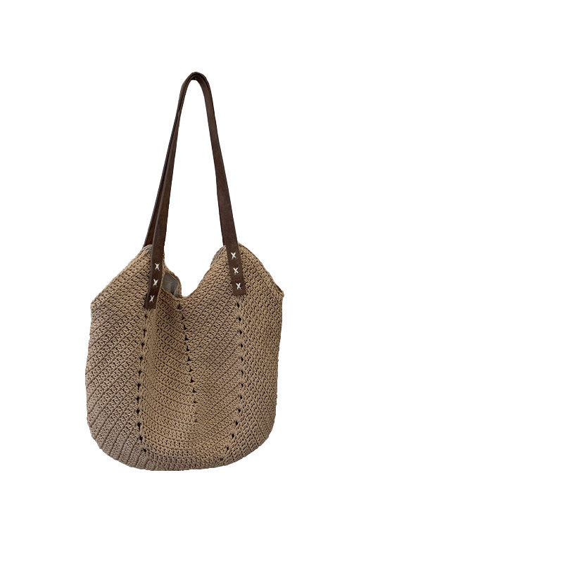 Bag women's bag new 2021 Korean holiday style shoulder bag splicing cotton rope woven straw bag woven bag