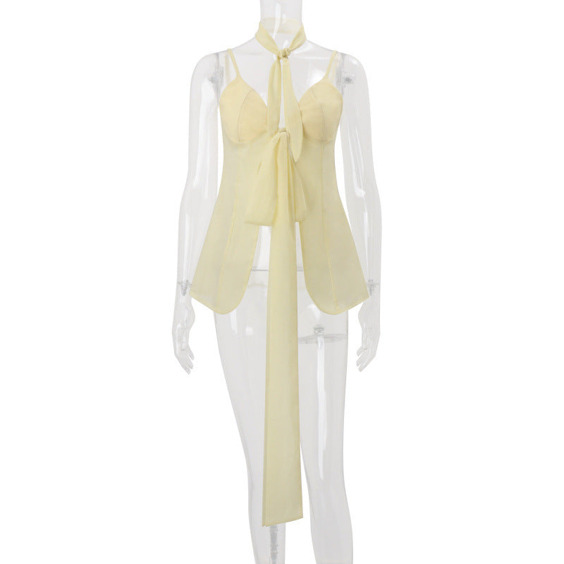 European and american women's clothing  summer new sexy sweet & spicy style cardigan bow tie asymmetrical see-through top