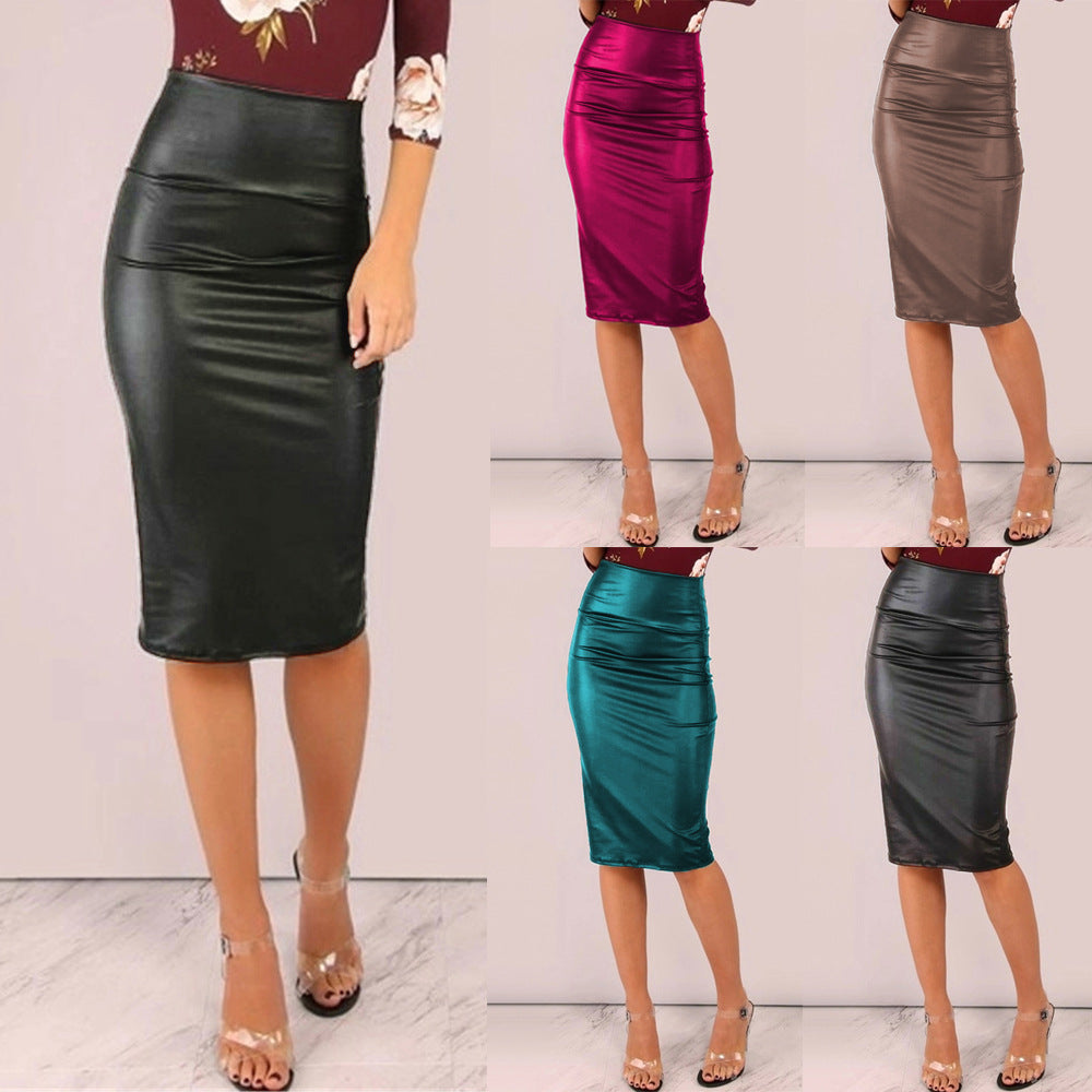 Amazon  hot-selling women's faux leather bodycon skirt - sexy high-waisted stretch plus size skirt for women
