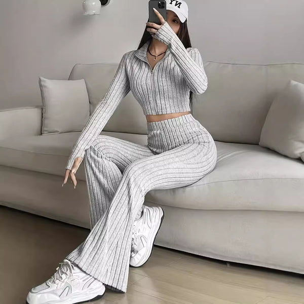 Fashion solid color ribbed two-piece set, zipper long-sleeved short top and high-waisted flared pants set, women's casual