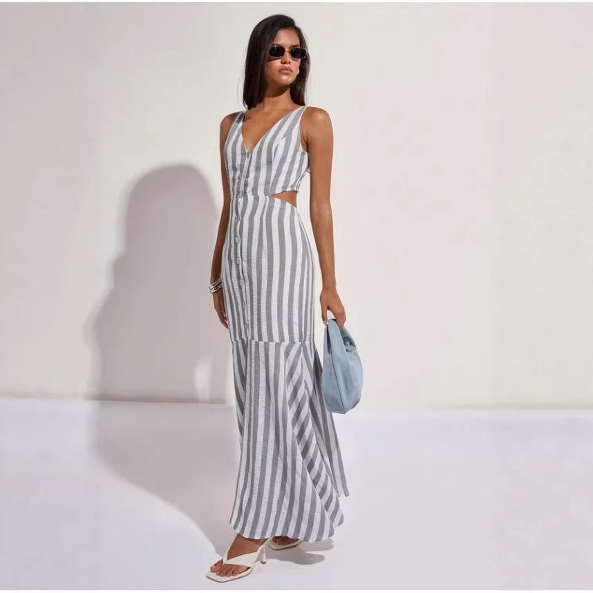 Wholesale foreign trade  summer european and american fashion v-neck striped versatile v-neck dress