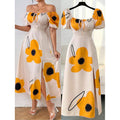 fashion  summer new arrival pleated strap slit puff sleeve square neck mid-length dress for women