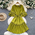 K-style lantern sleeve pleated short-sleeved dress women's spring strap waist pleated a-line skirt slimming lookwork clothing skirt
