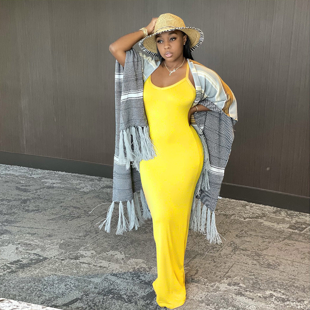 S390081 Foreign trade European and American women's clothing ins new models, sexy solid color suspender dress, fashionable temperament long dress women