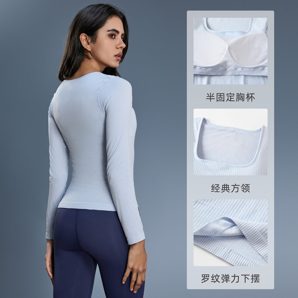 Women's yoga top with built-in bra pads, long sleeve square neck slimming base layer top for autumn - d25176