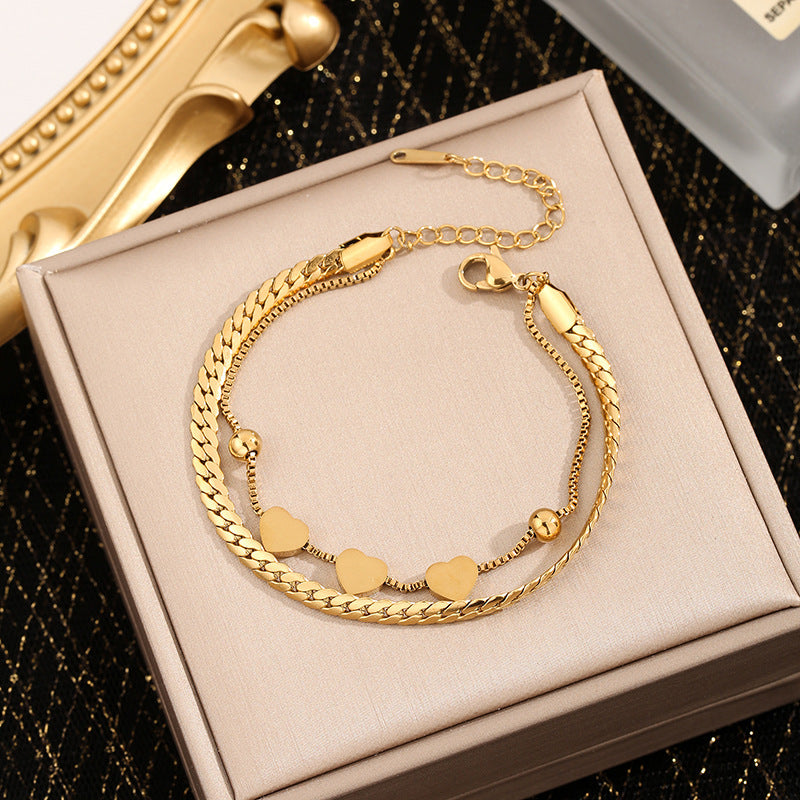 Stainless steel new double-layer heart bracelet for women - lightweight luxury, elegant double-layer bracelet, heart charm bracelet, hand jewelry