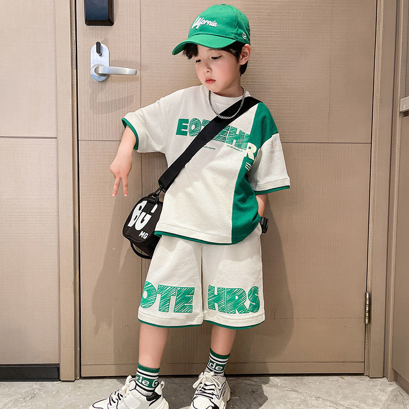 Boys' summer outfit set: new  styles for mid-to-large children - lightweight, trendy, short-sleeve activewear for boys