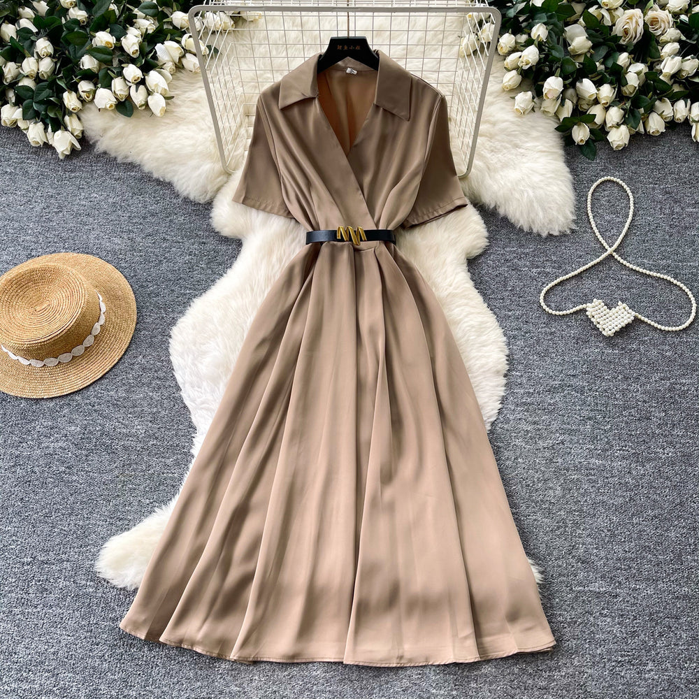 Light mature style lapel short-sleeved satindress women's summer soft waist slimming look a-line long skirt work clothingelegant