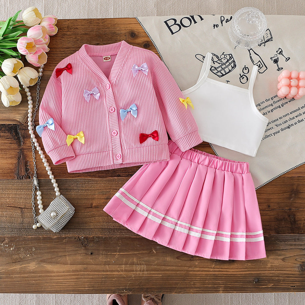 cross-border korean style girls' preppy bow cardigan solid color camisole + a-line pleated skirt three-piece set