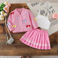 cross-border korean style girls' preppy bow cardigan solid color camisole + a-line pleated skirt three-piece set