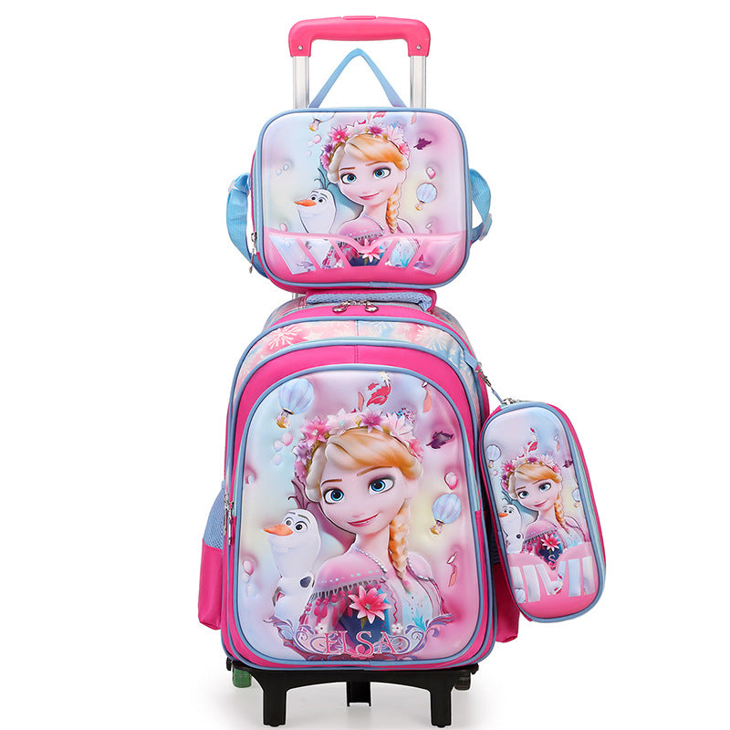 New arrival concave and convex leather primary school student pull rod school bag for grades 3 to 6 kids cartoon three-piece set backpack in stock
