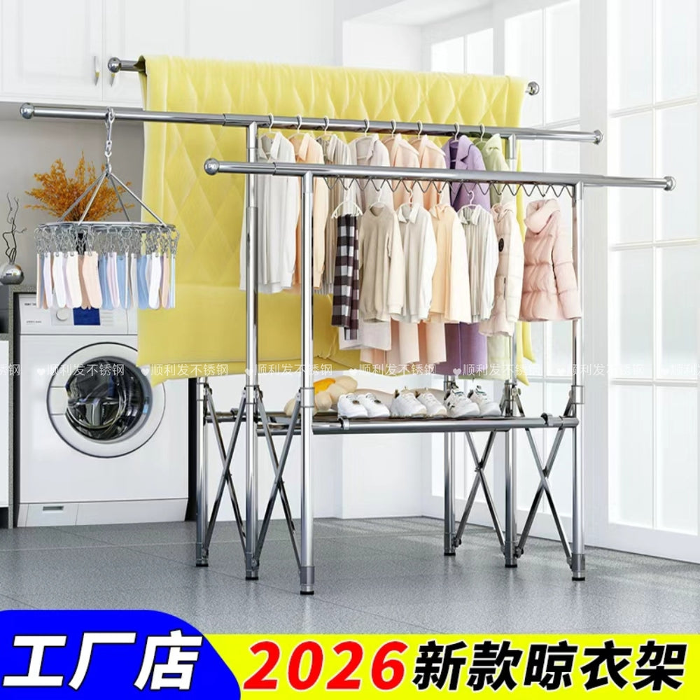 Clothes drying rack floor-standing thickened telescopic for home indoor and outdoor storage rack balcony single and double pole clothes hanger