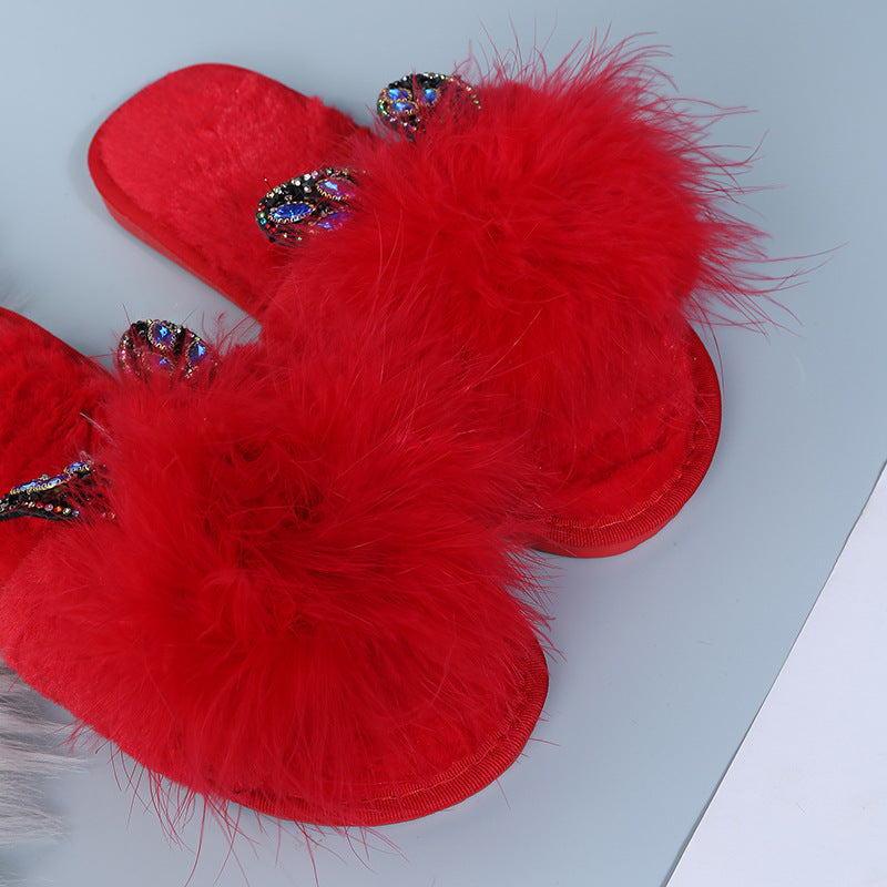 Furry slippers for women outwear 2024 fall and winter new arrivalk-stylepopular ostrich hair thick sole lazy one-word furry slippers
