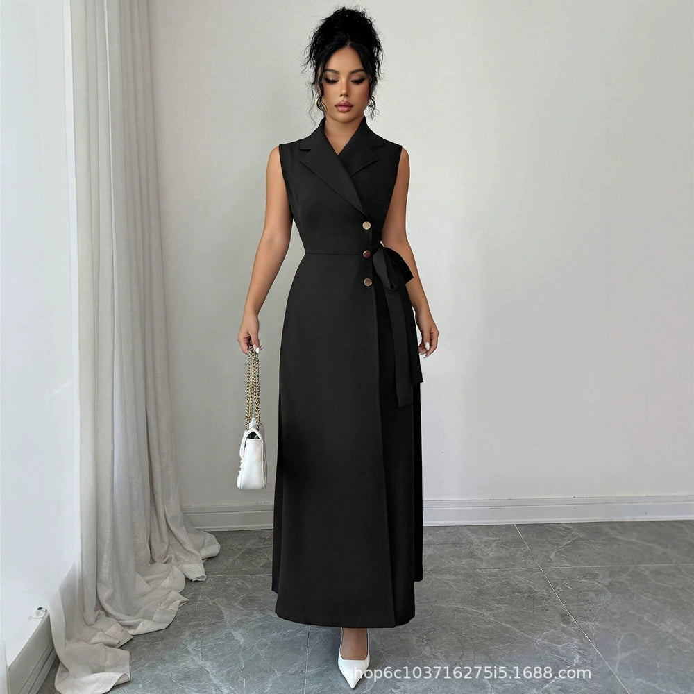 summer new arrival: black sleeveless dress with suit collar, cinched waist, and tie detail - long work dress