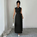summer new arrival: black sleeveless dress with suit collar, cinched waist, and tie detail - long work dress