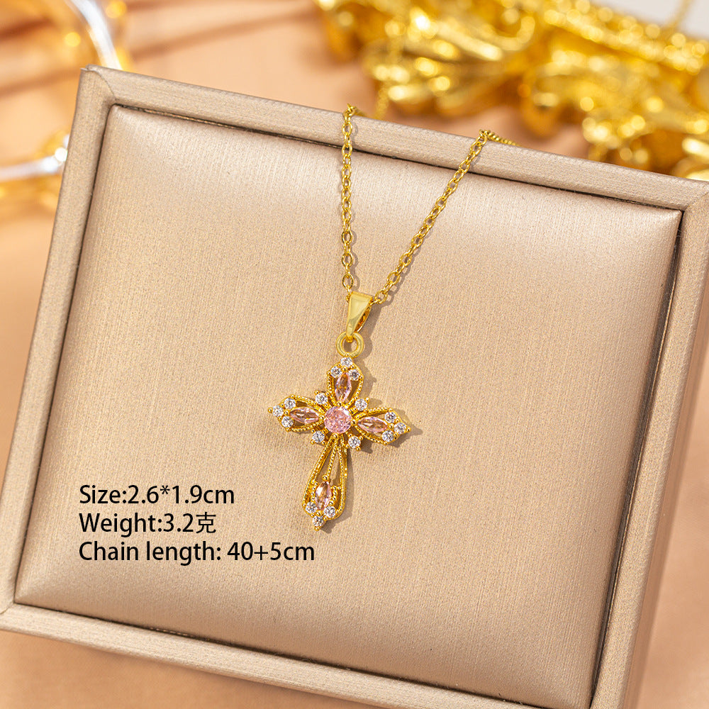 [titanium steel] fashion popular pink zirconium hollow cross necklace for women, accessible luxury niche high-end clavicle chain accessories