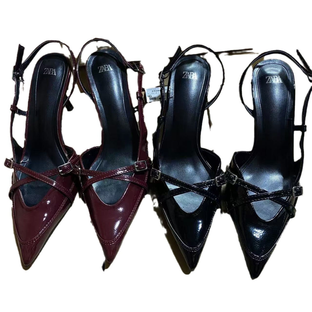 Za manufacturer 2024 summer export criss-cross buckle strap pointed toe high heel sandals british style mule women's shoes