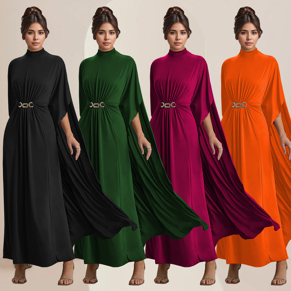 C7279 cross-border   fashionable women's slim-fit waist-cinching button-down round neck shawl dress - new