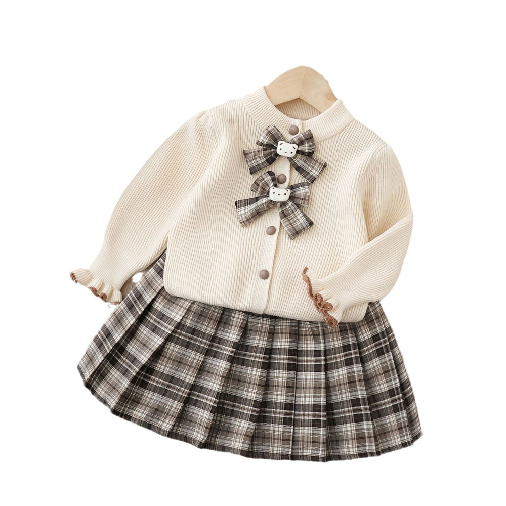 Dropshipping children's knit cardigan set -  autumn new collection - girls' preppy style two-piece outfit - baby girl open front cardigan set