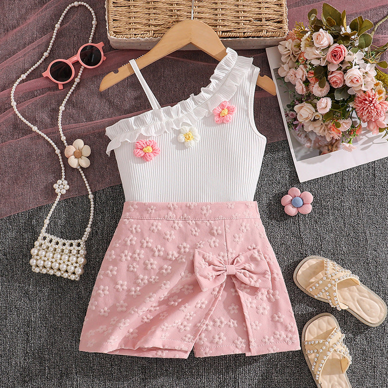 spring/summer new arrival: cross-border girls' fashion one-shoulder camisole top with sweet jacquard bow skirt pants set