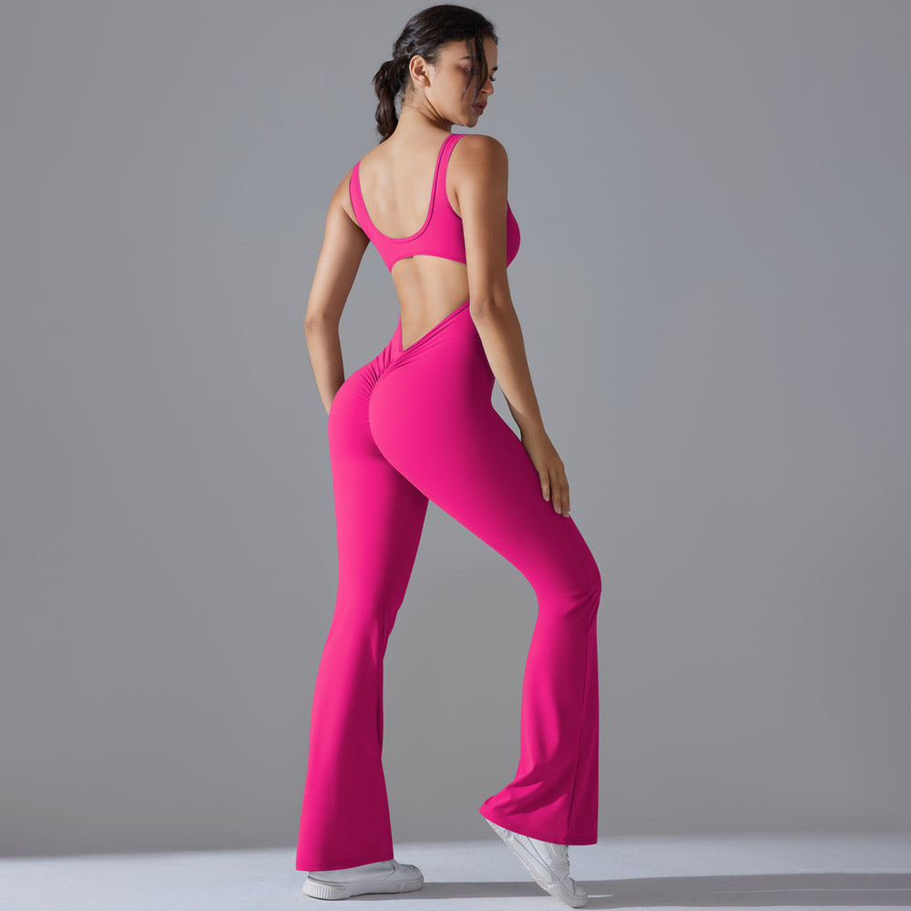European and american cutout back bodysuit peach lift quick-dry tight workout gym outfit flare leg yoga jumpsuit for women