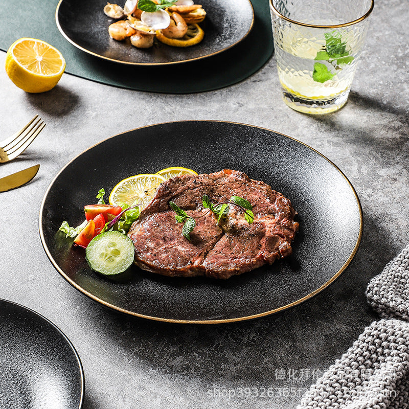 Steak plate western dinner plate creative black matte gold rim steak plate commercial ceramic tableware western dinner plate