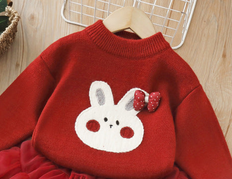 Girlsweater bunny thickened all-in-one velvet with tutu skirt two-piece set baby girl round neck knitting bottom shirtsuit