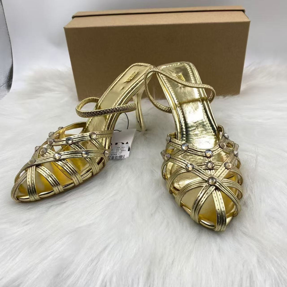 Za's 2025 new cross-border independent station ins fashion runway gold strap minimalist open-toe women's sandals