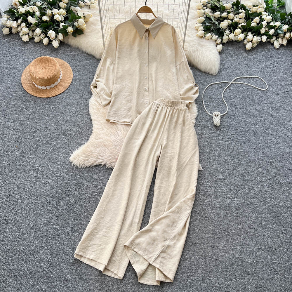 Relaxed casualsuit women's autumloose buttoned long sleeves single breasted shirthigh waistloose pantstwo-piece set