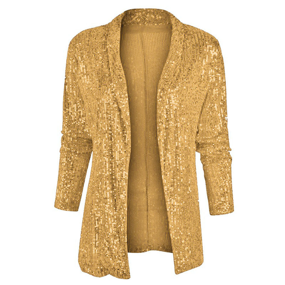 2025 spring new arrival: european and american style sequin long sleeve blazer - elegant mid-length jacket with turn-down collar, perfect for amazon