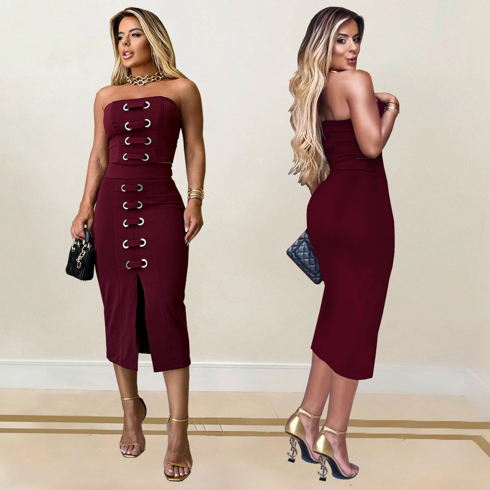 C7321 european and american style skirt set - sexy bandeau top & slit midi skirt - elegant & fashionable summer collection - cross-border women's apparel