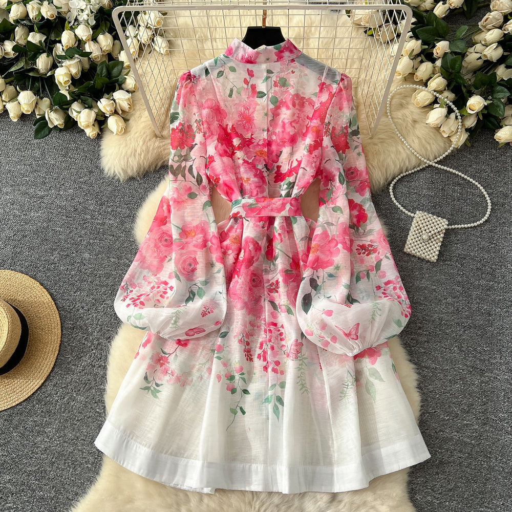 spring new arrival: elegant socialite stand collar single-breasted lantern sleeve printed tie-waist european and american style dress
