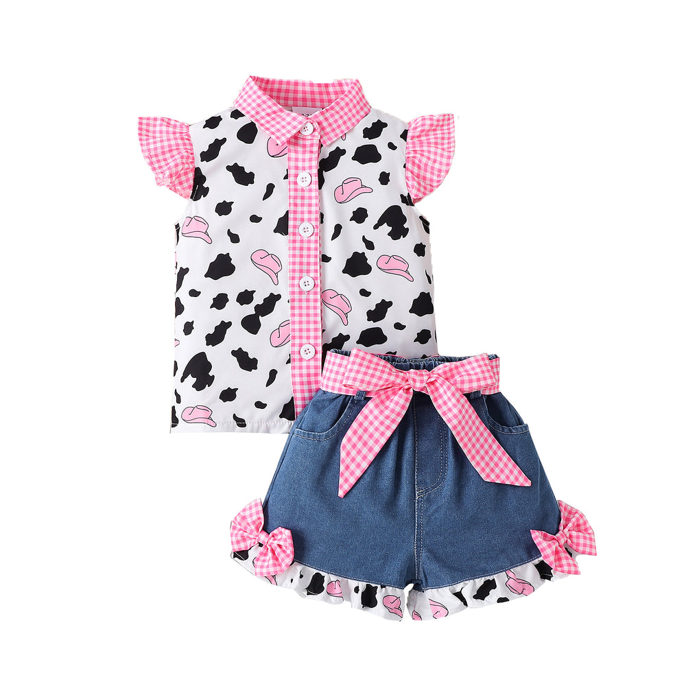 Children's clothing  cross-border fashion pink plaid printed pattern tops denim
