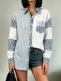 Exportfashionniche stylepatchworklong sleevesshirtstripesleopard printcontrast color lapel patch pocket lazy stylecasual small shirt